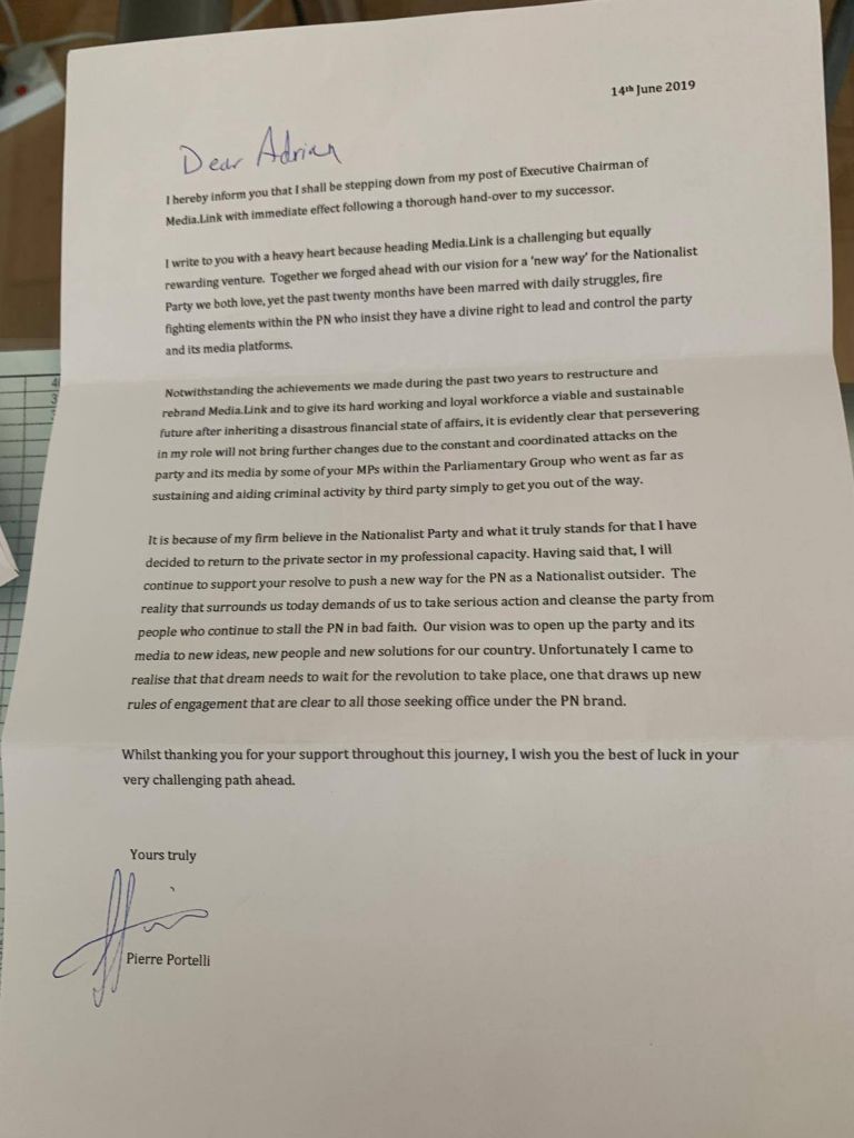 Pierre Portelli's resignation letter 