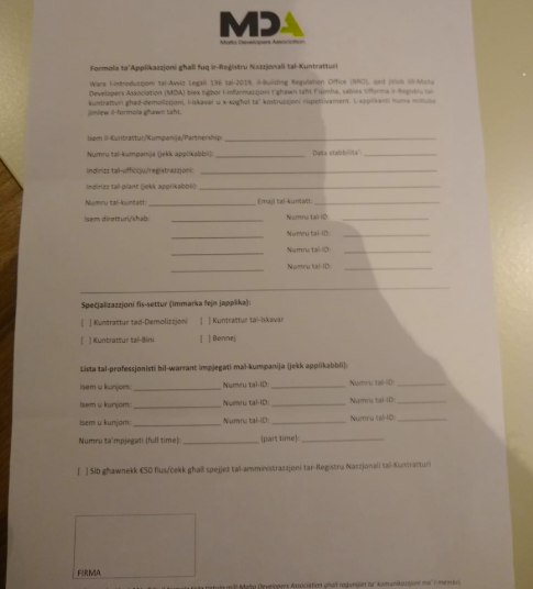 The MDA Registration Form in question