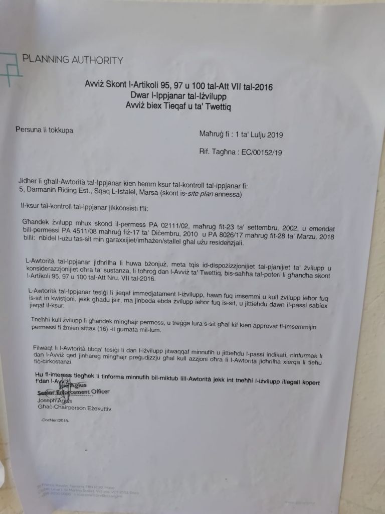 The enforcement notice outside the Marsa stables