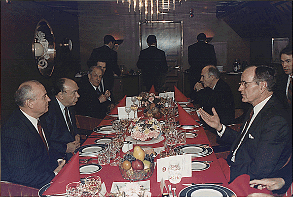 Bush and Gorbachev meeting during the historic Malta Summit