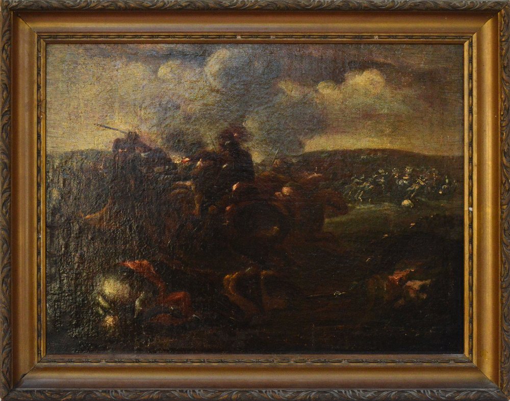 18th C. Neapolitan oil painting on canvas ‘A Land Battle’ in gilt frame