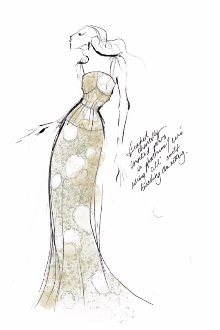 Original sketch of Azzopardi's design, detailing chantilly lace.