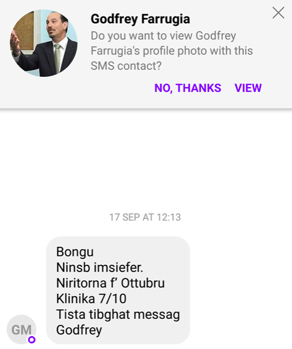 A message by Hon. Godfrey Farrugia saying that he will be on holiday till October