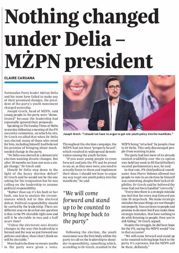 An article from the Times of Malta reporting the President of MZPN criticising Delia 