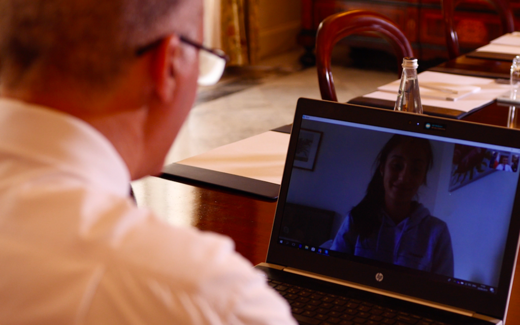 Foreign Affairs Minister Carmelo Abela Skyping with Nicole