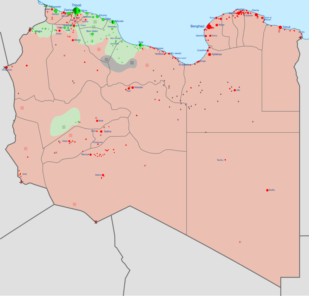 Military Situation in Libya in April 2019: Green is a UN back government, Red is Tobruk-led Government and Libyan National Army