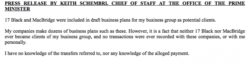 Keith Schembri's statement confirming 17 Black had been included in draft business plans 