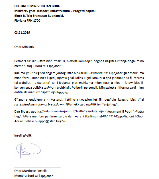Marthese Portelli's resignation letter 