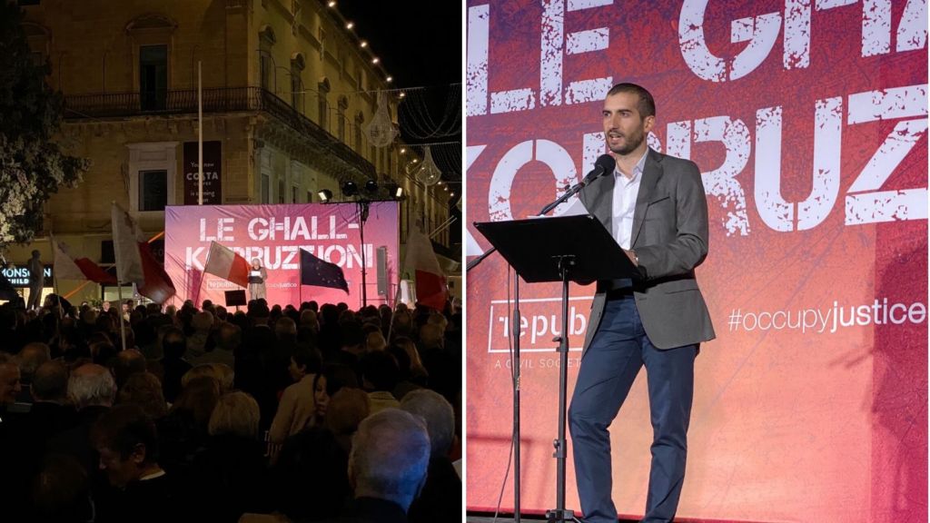 Former PN President Mark Anthony Sammut addressing last night's anti-corruption protest in Valletta