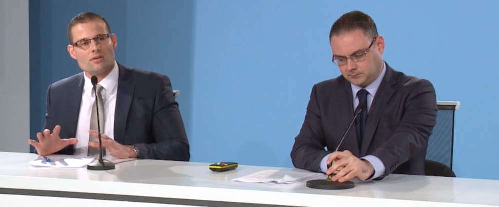 Robert Abela and Owen Bonnici addressing the press over controversial Lowenbrau land deal. Screenshot from Malta Independent