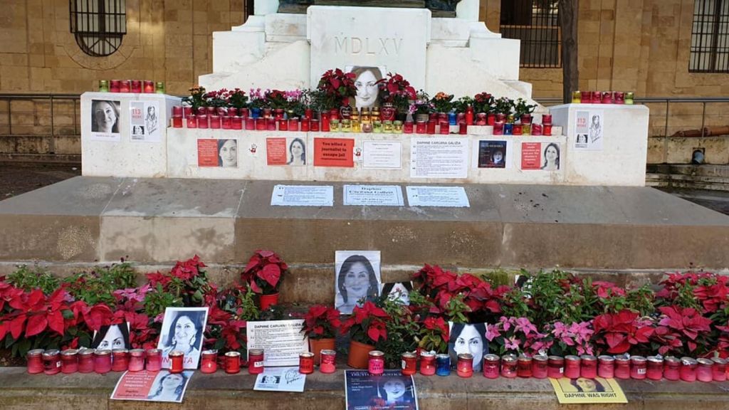 A makeshift memorial dedicated to Caruana Galizia in Valletta