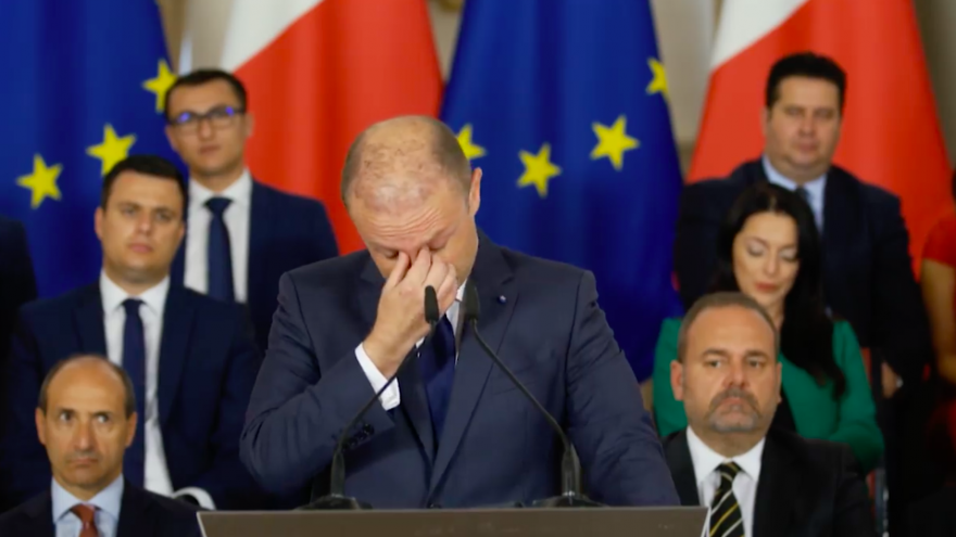 Joseph Muscat breaks down in tears after announcing the findings of the Egrant inquiry in 2018