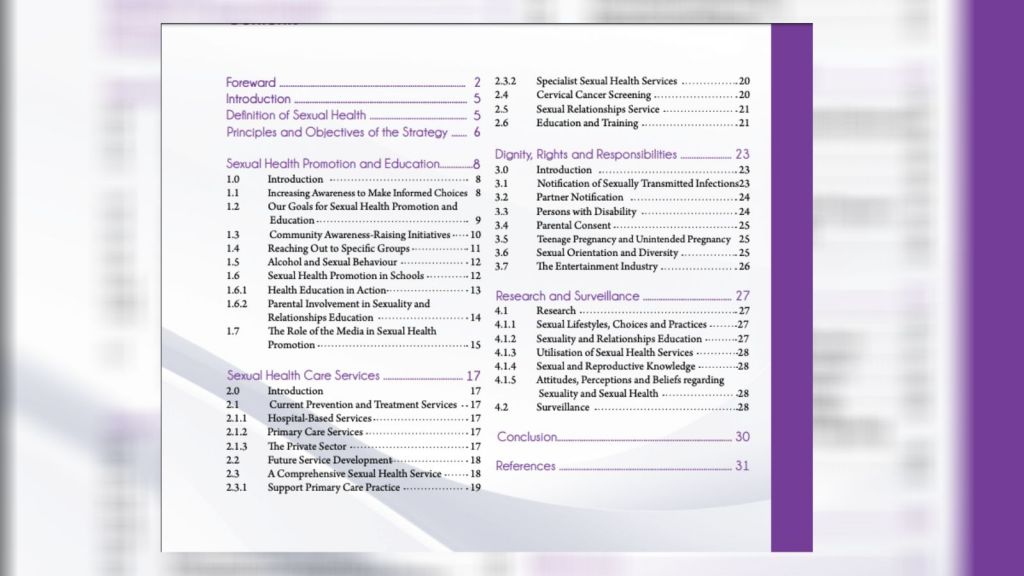 The Contents page of Malta's sexual health policy 