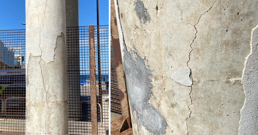 Significant cracks in the concrete can be seen in all the columns that hold up the passenger terminal.