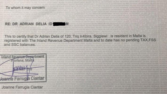 A letter from the IRD that Adrian Delia showed The Malta Independent to prove that he had settled his taxes 