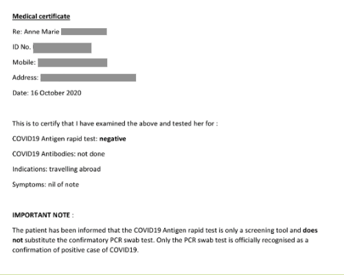 Anna Maria's antigen rapid test results, confirming her as negative 