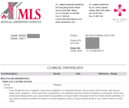 Anna Maria's St James PCR test results, confirming her as negative 