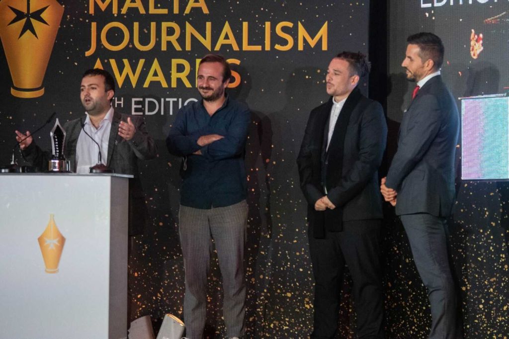 The Lovin Malta team accepting the award as News Strategist Tim Diacono gives a short speech