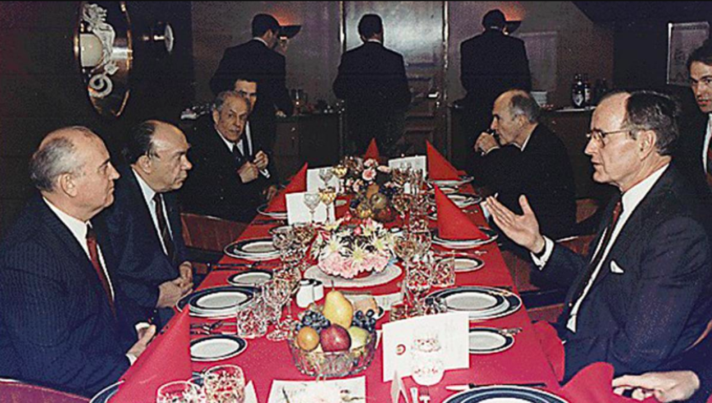 Bush and Gorbachev at the Malta summit in 1989. Credit: David Valdez