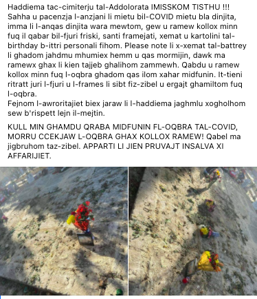 A Facebook post by the second woman detailing the 'lack of dignity' shown towards the dead at the Addolorata Cemetery