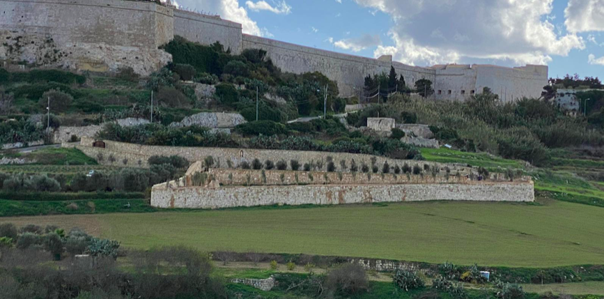 A rubble wall in the buffer zone and underneath Mdina