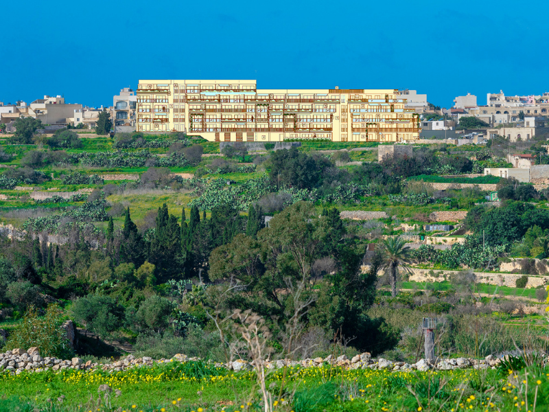 A mock up of the block of 71 flats towering over farmland in Nadur.