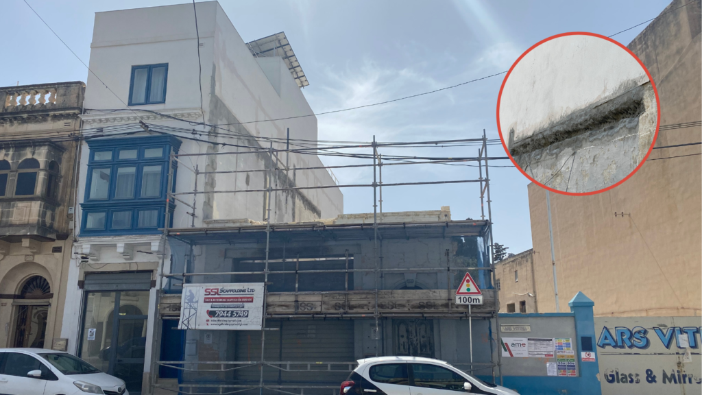 A street-level view of the Montebello home (left) and the construction site next door (right), with an inset closeup of the party wall.