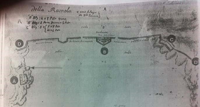 An outline of Nadur’s defences: ‘A’ and ‘C’ denote Gironda and Belancourt batteries respectively, with B is the Vendome redoubt placed in the centre. The arrow points towards the ‘fougasse’ is placed. The above-mentioned trench is also seen here. (Source: https://www.academia.edu/3591456/Ir_Ramla_l_Hamra)