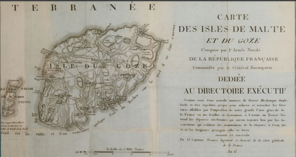 A portion of a map comprising of both Malta, Comino and Gozo, here depicting the second-half with Comino (far-left) and Gozo. The map is dated 1798 and shows all the towns, villages and fortifications (Ramla included). Taken from Louis de Laus de Boissy, Bonaparte Au Caire, ou memoirs sur l’expedition de ce General en Egypte published in 1799.