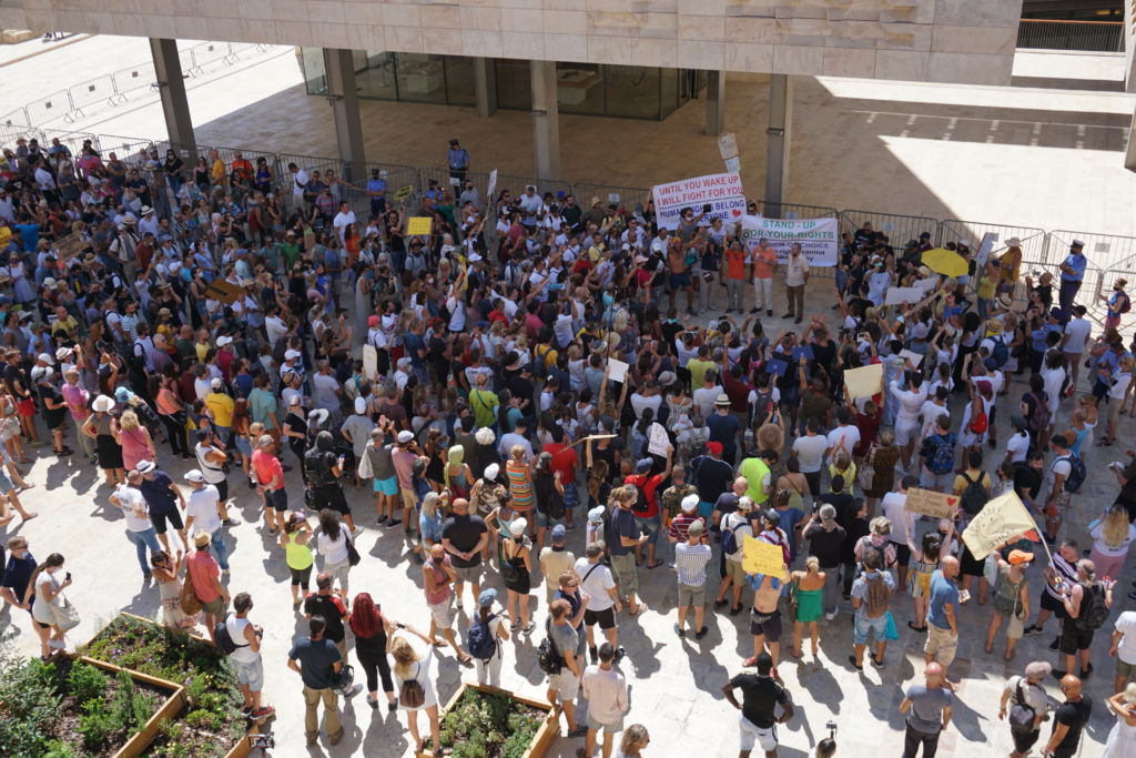 Demonstrators gathered outside Parliament 