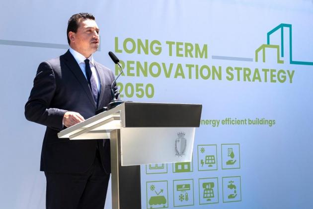 Environment Minister Aaron Farrugia launching a long-term strategy to reduce carbon consumption in buildings