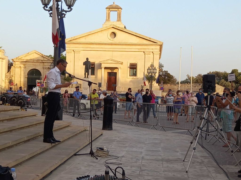 Repubblika president Robert Aquilina delivers a speech during a protest outside Castille last weekend