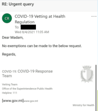 An email Michelle received from the health authorities yesterday 