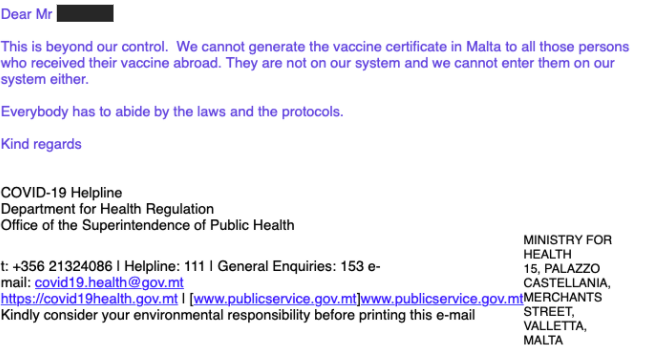 An email Dan received from the Office of the Superintendence of Public Health 