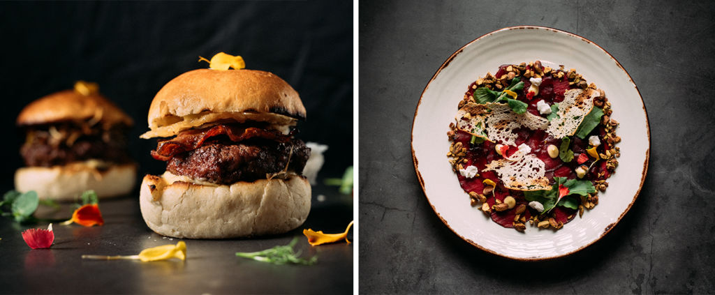 U.S.D.A. Beef mini brioche buns (left), Beetroot carpaccio (right)