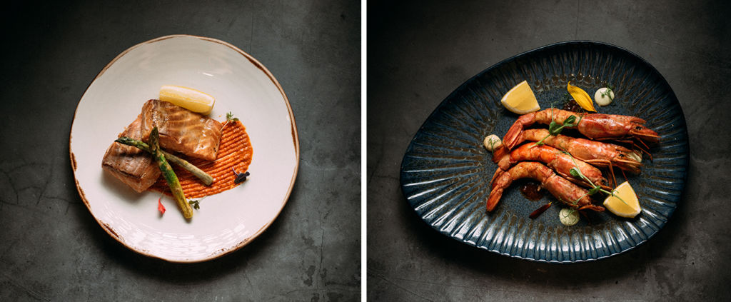 24hr House Cured Smoked Salmon (left), Smoked King Prawns with Chilli and Garlic Jam (right)