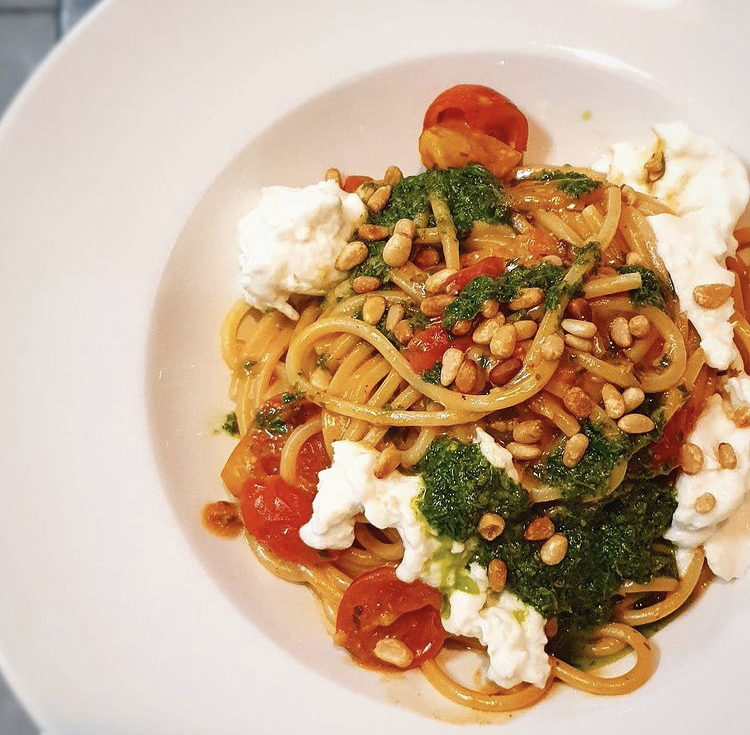 Spaghetti Rizzi topped with Gremolata & torn Mozzarella from Mezzodi