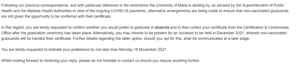 Email from the University of Malta sent to unvaccinated students