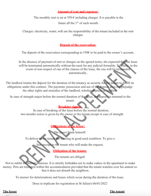 A copy of the fake rental contract