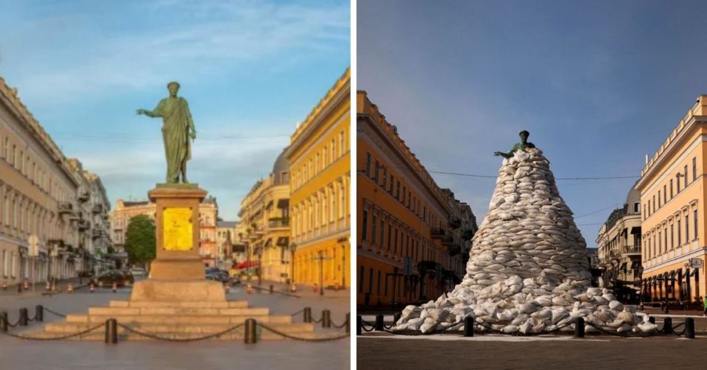 Statue of the Duc de Richelieu on Boulevard Primorsky in Odessa before and after the war