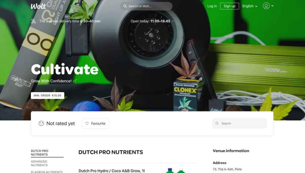 The Cultivate page on Wolt