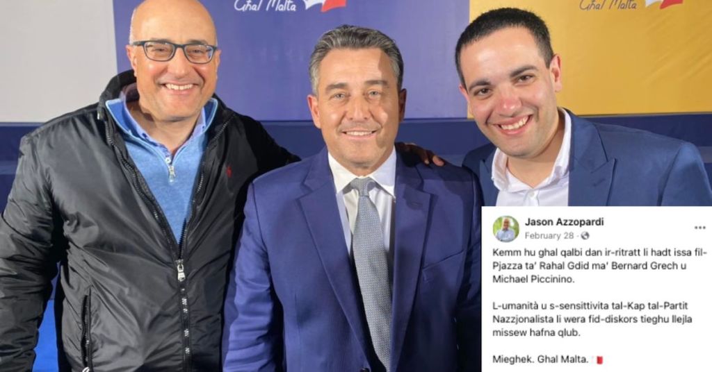 Jason Azzopardi with Bernard Grech and PN secretary general Michael Piccinino at a Paola election rally