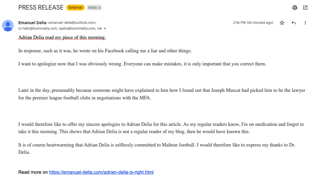 Spoof email sent to journalists from emanuel-delia@outlook.com