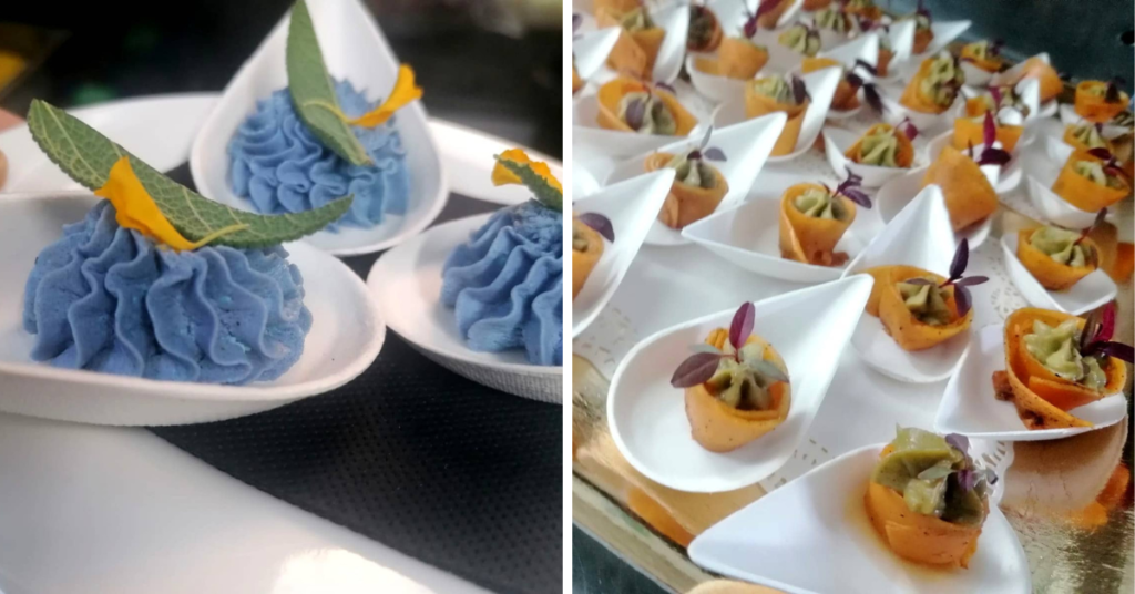 Goats cheese and purple yam parfait (left), and pickled pumpkin roses stuffed with spicy matcha green tea and avocado mousse garnished with micro amaranth (right)