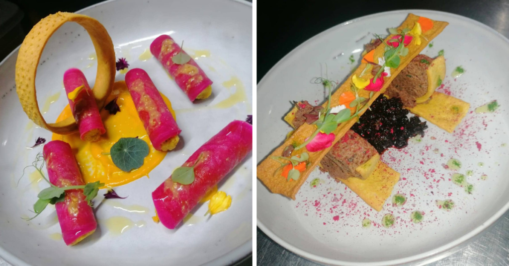 Beetroot cannoli with smoked bell pepper puree and a cheesy cracker (left), and pecan and cognac pate with red currant chutney (right).