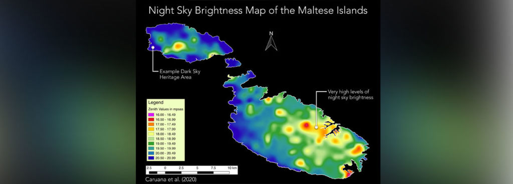 A map of night-sky brightness in Malta published in a recent study led by Prof. Joseph Caruana