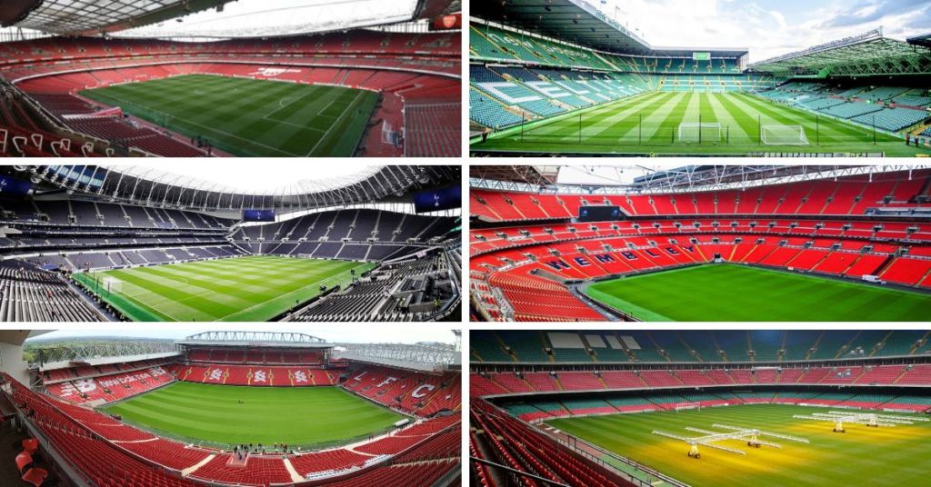 Top Left to Right (clockwise): The Emirates, Celtic Park, Wembley Stadium, Millenium Stadium, Anfield and Tottenham Hotspur Stadium.
