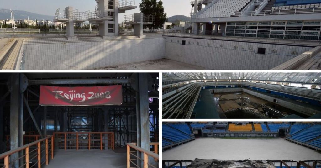 Credits: Yorgos Karahalis/Reuters - Top Left to Right: Greece 2004 Diving Facility abandoned, Rio De Janeiro Swimming facility abandoned, Beijing 2008 Volleyball facility abandoned and overgrown, a Beijing stadium abandoned and left to gather dust.