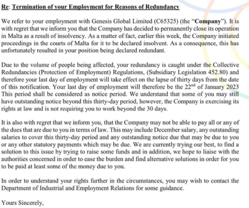 The letter of redundancy sent to staff on 23rd December