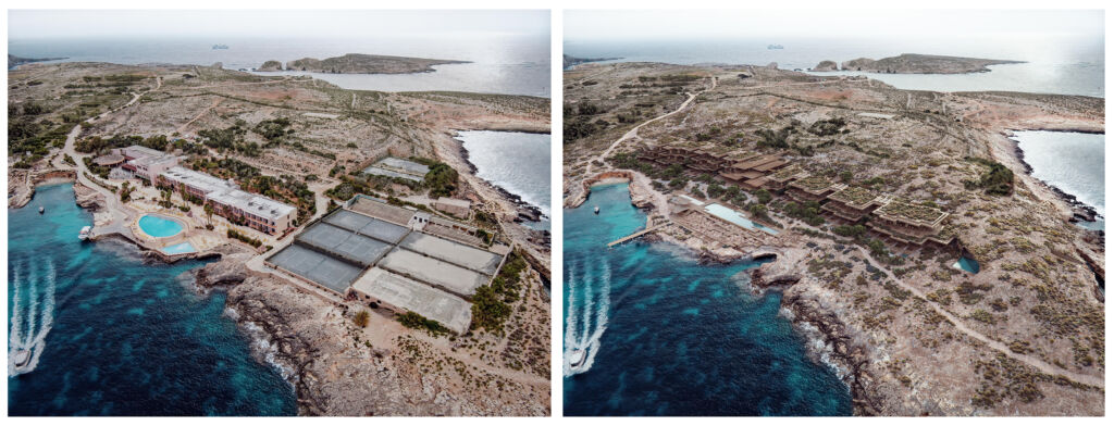 Left: The current state of the Comino hotel, Right: The proposed Comino hotel